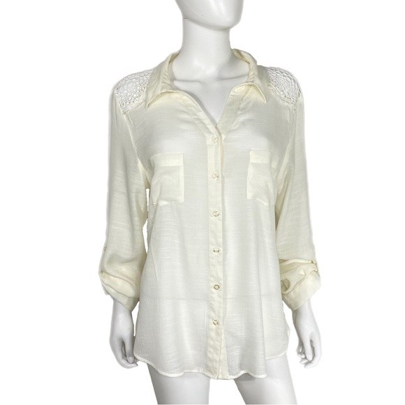 Wishful Park Crochet Lace Sheer Ivory Long Sleeve Blouse - Picture 1 of 7